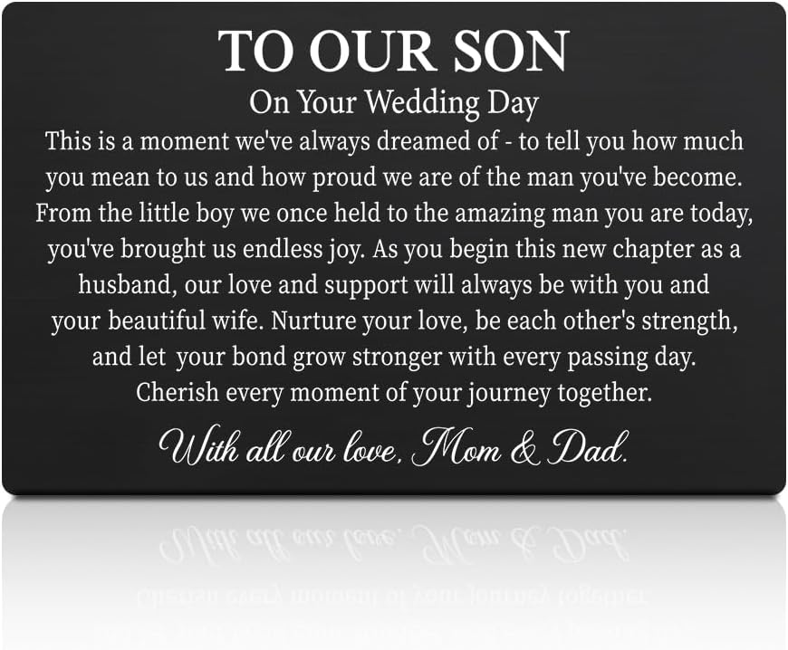 GEYGIE To Our Son On Your Wedding Day Black Wallet Card, Engraved Metal Wallet Insert Card Love Notes from Mom & Dad, Gr