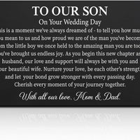 GEYGIE To Our Son On Your Wedding Day Black Wallet Card, Engraved Metal Wallet Insert Card Love Notes from Mom & Dad, Gr
