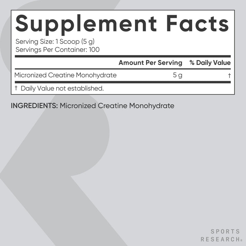 Sports Research Creatine Monohydrate 5g - Polvo para Rendimiento y Recuperación Muscular, 500g