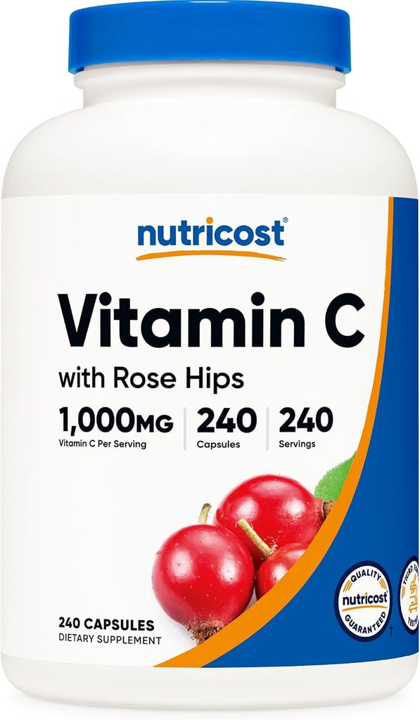 Nutricost Vitamina C con escaramujos, 1025 mg, 240 cápsulas, vitamina C 1,000 mg, rosa cadera, 25 mg, premium, sin OMG, suplemento sin gluten