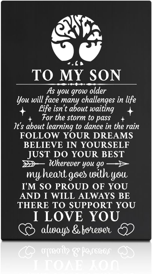 GEYGIE My Dear Son I Love You Always & Forever Black Wallet Card, Engraved Metal Wallet Insert Card Love Notes from Mom