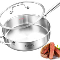 DELARLO Tri-Ply Stainless Steel 7QT Jumbo Cooker Saute Pan With Lid, 12.5 Inch Deep Frying Pan, Induction Large Skillet, Cooker Pan for Chefs, Dishwasher & Oven Safe