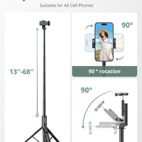 SENSYNE 68" Phone Tripod & Selfie Stick, Lightweight All in One Phone Tripod Integrated with Wireless Remote Compatible with All Cell Phones for Selfie/Video Recording/Photo/Live Stream/Vlog（Black）