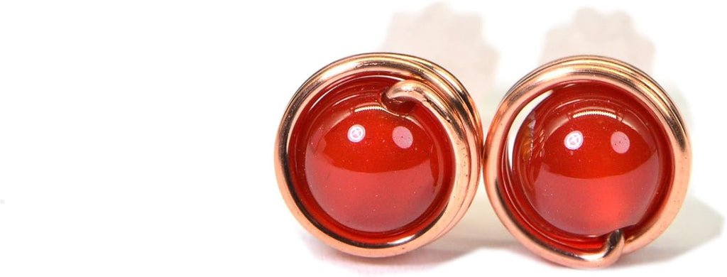 Copper Wire Wrapped Stud Earrings Natural Moonstone Round 6mm Earrings Gift For Girlfriend (carnelian)