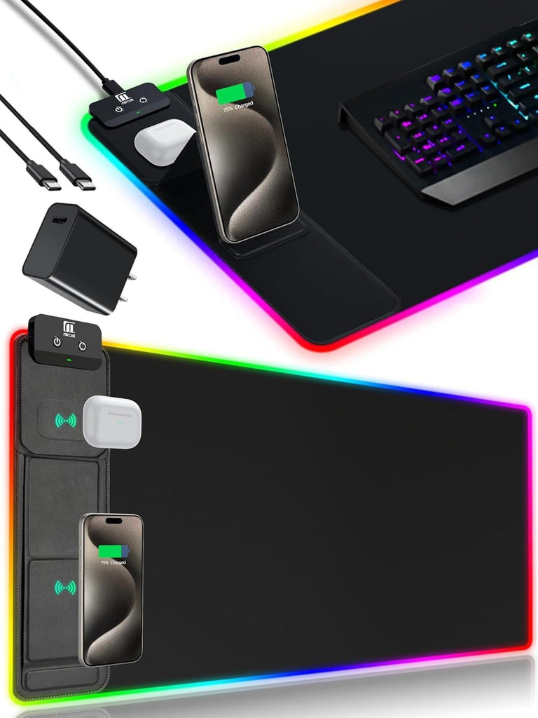 Miroddi XXL Mouse Pad with Phone Holder - Black, RGB Desk Mat with 15W Fast Charging, LED Gaming Mousepad with 11 Light Colors, Waterproof Non-Slip Pad for Office & Home (Black with PD Adapter)