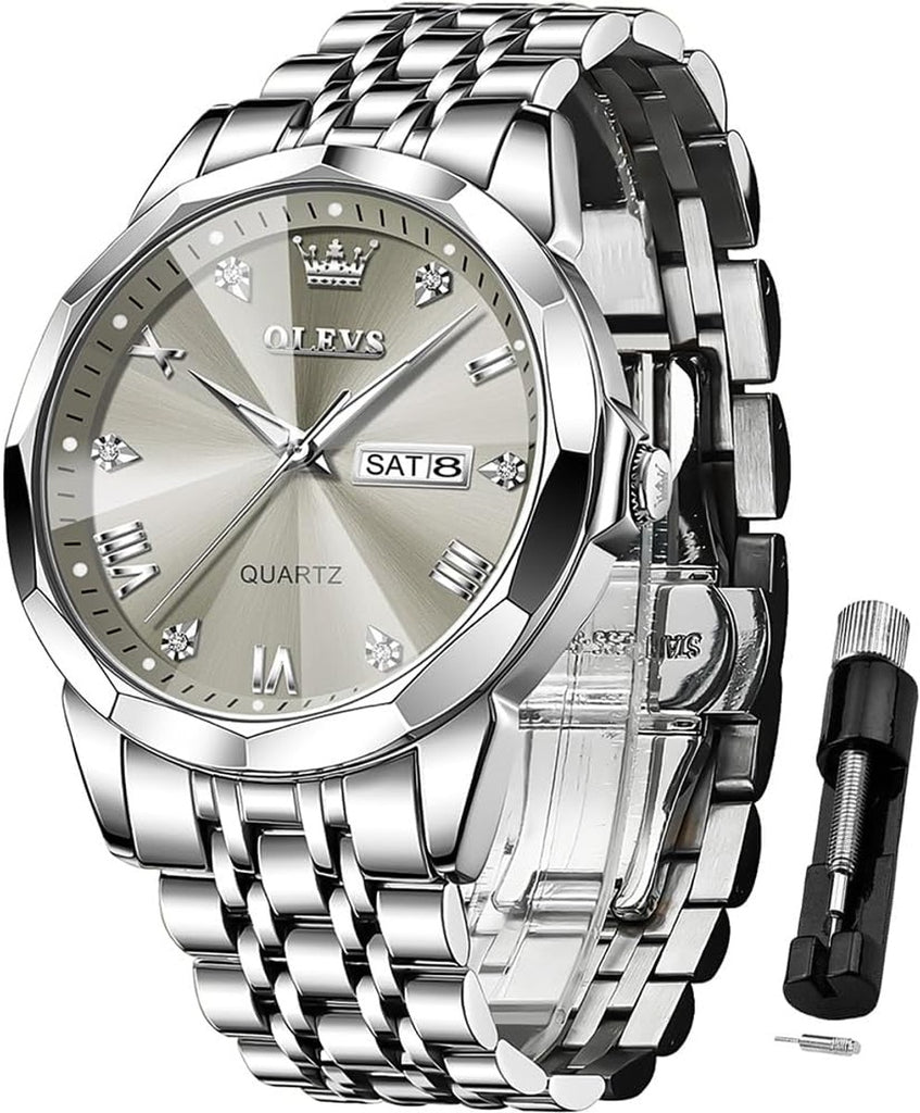OLEVS Watch for Men Diamond Business Dress Analog Quartz Stainless Steel Waterproof Luminous Date Two Tone Luxury Casual Wrist Watch Blue