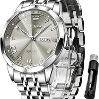 OLEVS Watch for Men Diamond Business Dress Analog Quartz Stainless Steel Waterproof Luminous Date Two Tone Luxury Casual Wrist Watch Blue