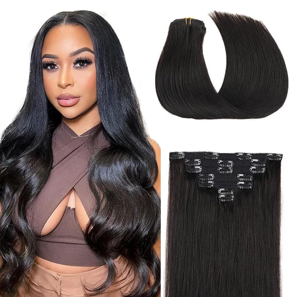 1B Natural Clip in Hair Extensions,18 Inch Soft Real Human Hair 120g 7pcs,Brazilian Remy Natural Black Clip ins,1B Strai