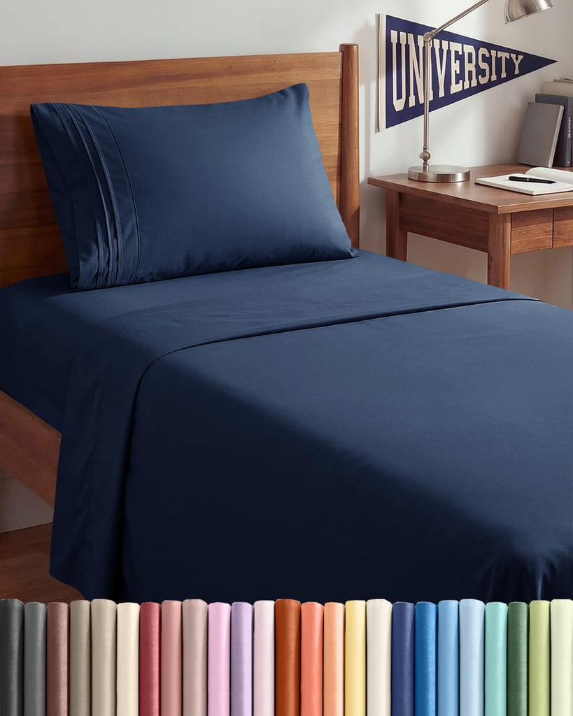 Twin XL 3 Piece Sheet Set - College Dorm Room Essentials - Navy Blue