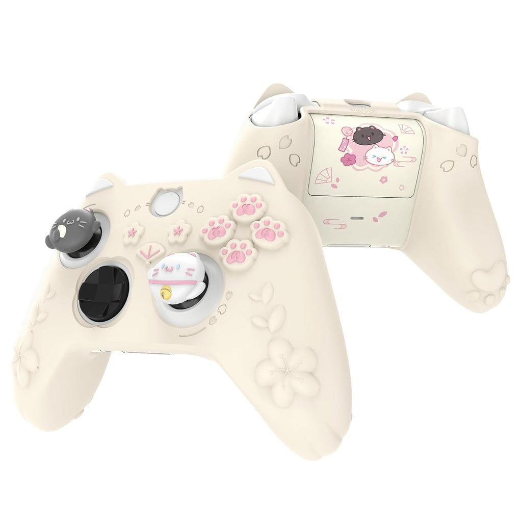 PlayVital Cute Silicone Controller Skin for Xbox Series X/S-Cherry Blossoms Kitten Anti-Slip Grip Protector W/Thumb Grip