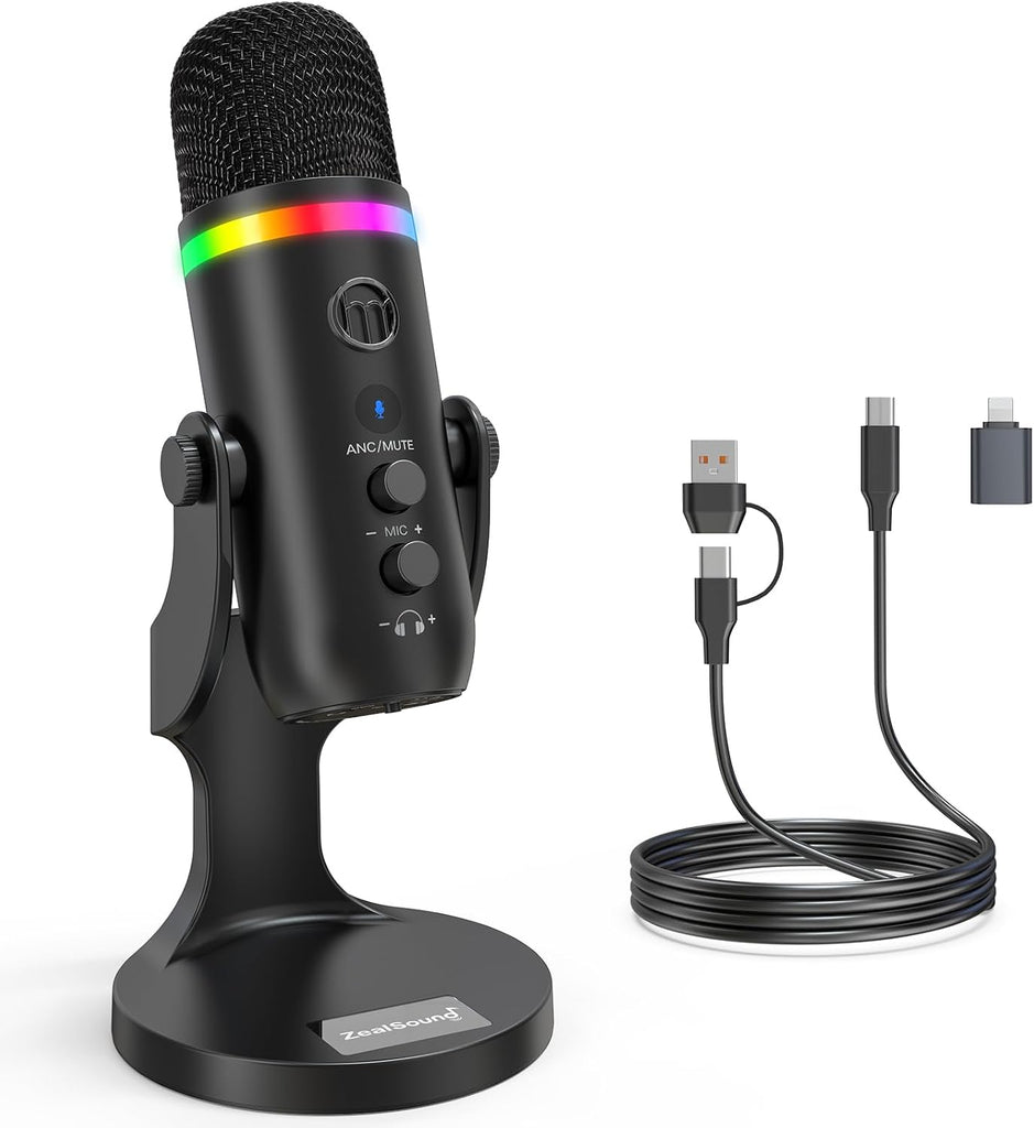 ZealSound Podcast Microphone for PC, USB Mic with Noise Reduction, Tap-to-Mute, Gain & Echo Controls, Zero-Latency Monit