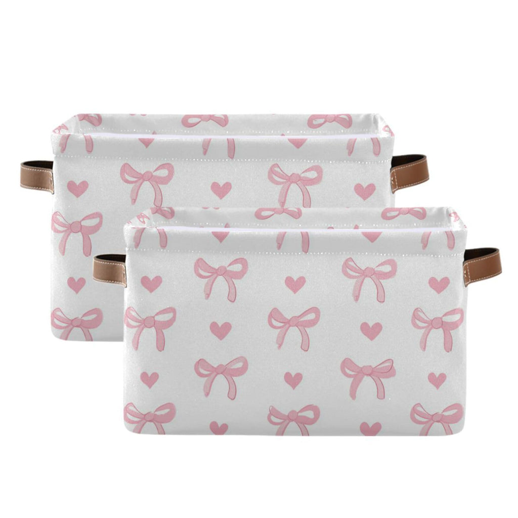 Aslsiy Storage Basket Cute Coquette Pink Bow Nursery Bins White Baby Box Canvas Clothes Shelf Basket Laundry Hamper 2 Pc