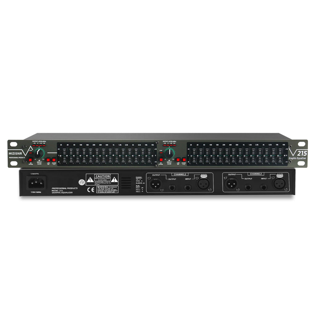 MIZISNR Graphic Equalizer 15-Band Stereo EQ for Home Audio, Dual Channel Professional DJ Equalizer, Noise Reduction 1U Rack Mount (EQ-215)