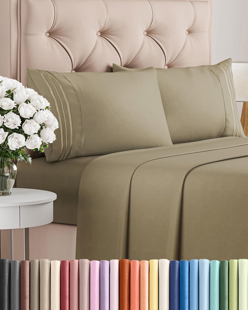 King Size 4 Piece Sheet Set - Comfy Breathable & Cooling Sheets - Khaki