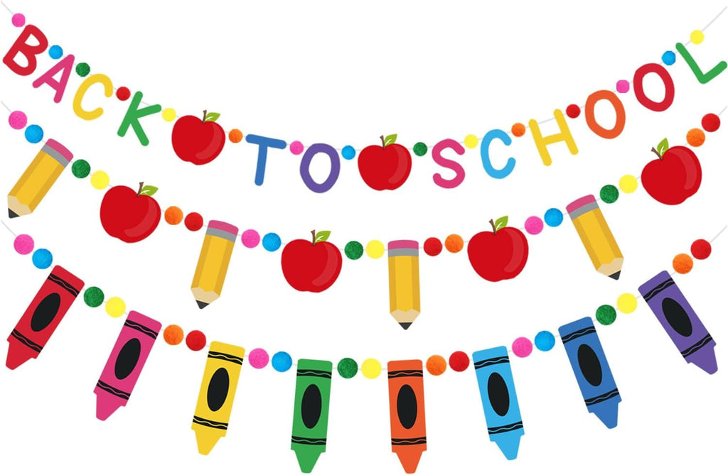 Doumeny 3Pcs Back to School Felt Banner Garland Pencil Apple Bunting Garland Crayon Felt Hanging Bunting Colorful Pompom