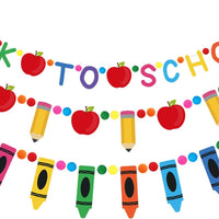 Doumeny 3Pcs Back to School Felt Banner Garland Pencil Apple Bunting Garland Crayon Felt Hanging Bunting Colorful Pompom
