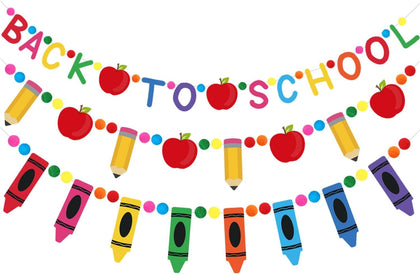Doumeny 3Pcs Back to School Felt Banner Garland Pencil Apple Bunting Garland Crayon Felt Hanging Bunting Colorful Pompom Ball Banner for First Day of School Classroom Mantle Home Wall Party Supplies