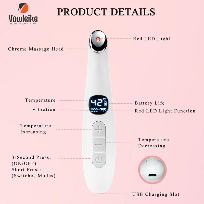 Vowleike Varita de Levantamiento de Ojos, 3 en 1 con Luz Roja Vibratoria 98°F a 113°F Pantalla LCD Masajeador de Ojos para Ojos Secos, Ojeras e Hinchazón, Eléctrico para Cara, Bolígrafo Escultor de