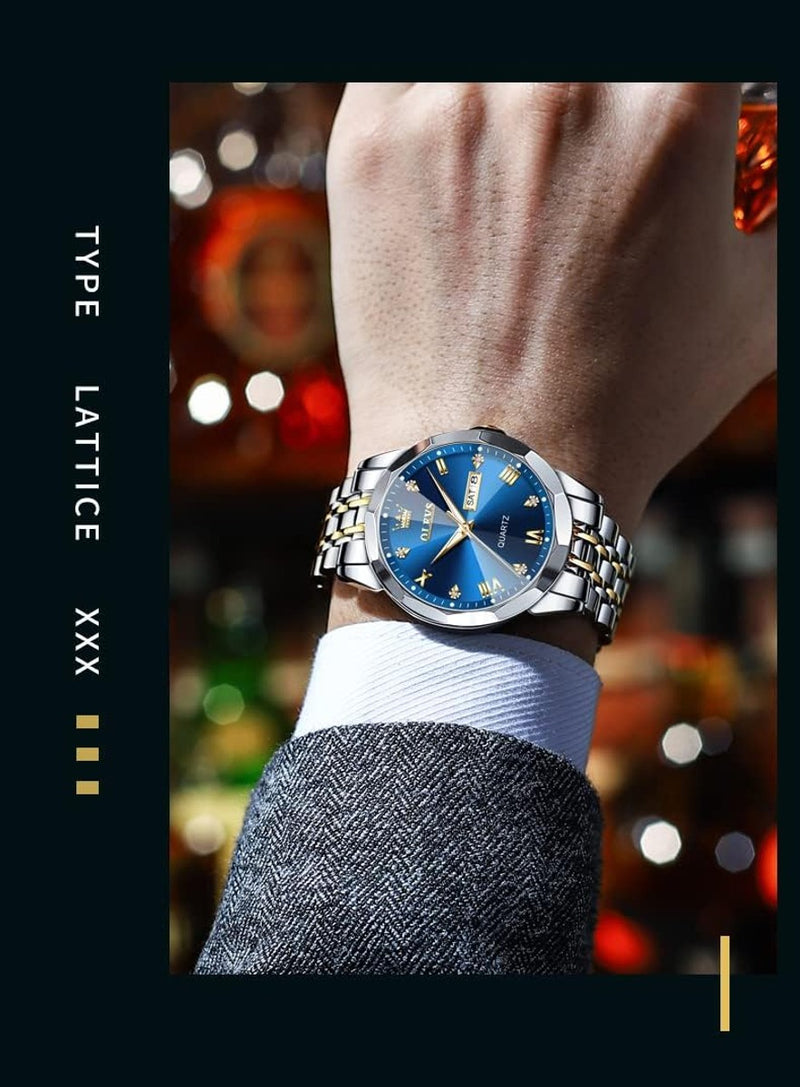 OLEVS Watch for Men Diamond Business Dress Analog Quartz Stainless Steel Waterproof Luminous Date Two Tone Luxury Casual Wrist Watch Blue