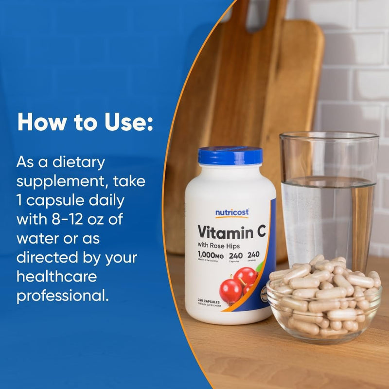 Nutricost Vitamina C con escaramujos, 1025 mg, 240 cápsulas, vitamina C 1,000 mg, rosa cadera, 25 mg, premium, sin OMG, suplemento sin gluten