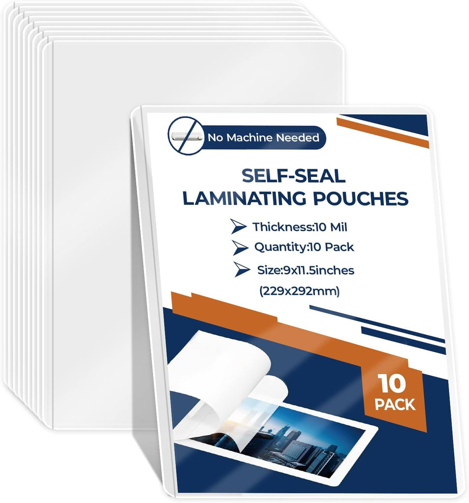 10 Pack 10 Mil 9"x12" Self Sealing Laminating Pouches Self Adhesive Lamination Pouches Clear Laminate Sheets for Office