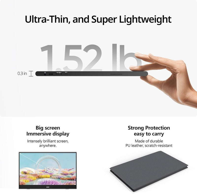 MNN Portable Monitor 15.6inch FHD 1080P 60Hz USB C HDMI Gaming Ultra-Slim IPS Display w/Smart Cover & Speakers,HDR Plug&Play, External Monitor for Laptop PC Phone Mac (15.6'' 1080P)