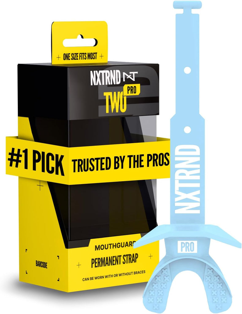 Nxtrnd Two Pro Football Mouth Guard, Permanent Strap, Fits Adult & Youth (Columbia Blue)