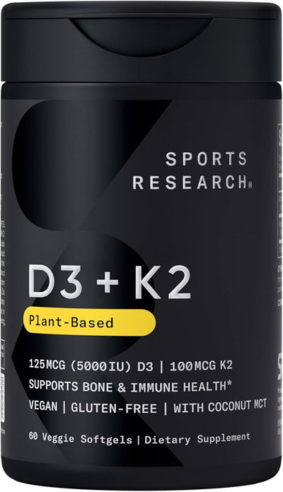 Sports Research® Vitamina D3 + K2 con aceite de coco, vitamina D vegana 5000iu y vitamina K Mk7 de 100 mcg para apoyo óseo e inmunológico, certificado vegano, sin OMG, sin soja, 60 cápsulas blandas