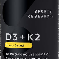 Sports Research® Vitamina D3 + K2 con aceite de coco, vitamina D vegana 5000iu y vitamina K Mk7 de 100 mcg para apoyo óseo e inmunológico, certificado vegano, sin OMG, sin soja, 60 cápsulas blandas