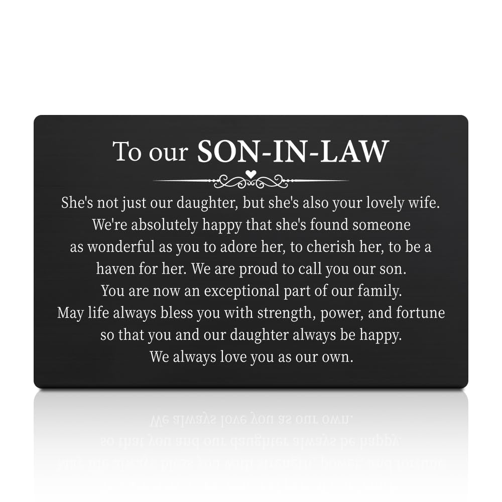 GEYGIE To Our Son-in-Law Black Wallet Card, Engraved Metal Wallet Insert Card Love Notes from Bride Parents, Groom Poem