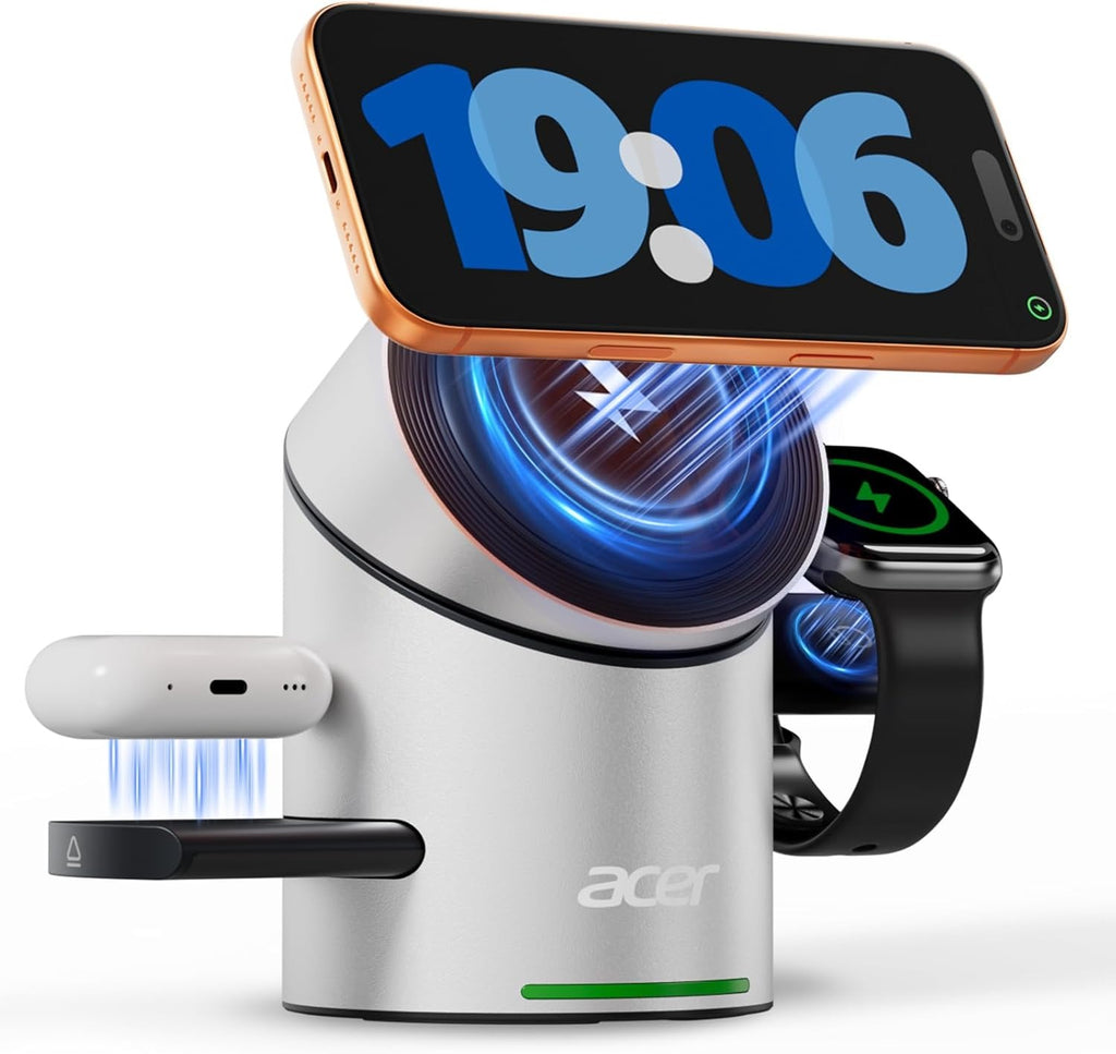 Acer Prime 3 in 1 Charging Station for Apple - Magnetic iPhone Wireless Charging Station, Magsafe Charger Stand for iPhone 17 16 15 14 13 12 - Apple Watch - Airpods Series (Charger & USB-C Included)