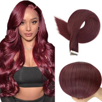 24 Inch #99J Burgundy Tape in Extensions Human Hair Wine Red Straight Tape ins Hair Extensions Real Human Hair Skin Weft