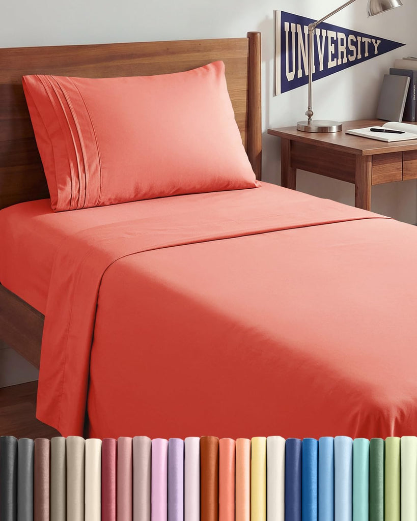 Twin XL 3 Piece Sheet Set - College Dorm Room Essentials - Coral