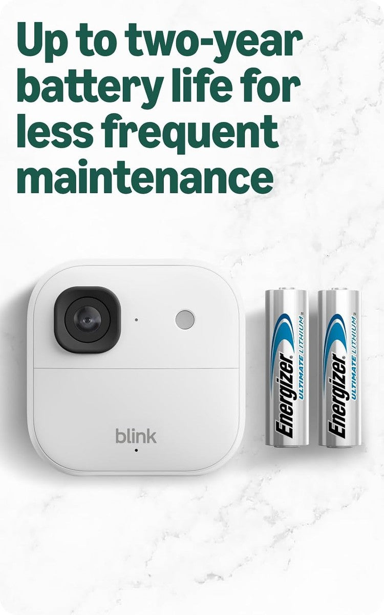 Blink Outdoor 2K+ (newest model) — Wireless smart security camera, 2K video resolution, enhanced audio, two-year battery. Sync Module Core included — 5 camera system (White)