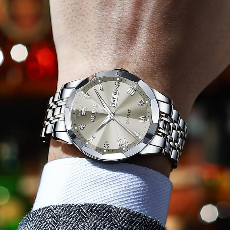OLEVS Watch for Men Diamond Business Dress Analog Quartz Stainless Steel Waterproof Luminous Date Two Tone Luxury Casual Wrist Watch Blue