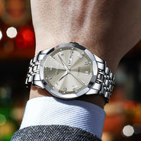 OLEVS Watch for Men Diamond Business Dress Analog Quartz Stainless Steel Waterproof Luminous Date Two Tone Luxury Casual Wrist Watch Blue