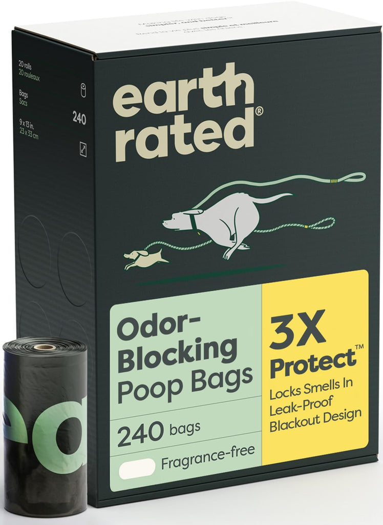 Earth Rated 3X Protect Dog Poop Bag Rolls, Odor Blocking, Unscented, 240 Ct