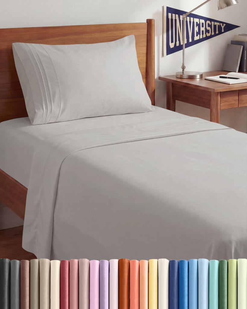 Twin XL 3 Piece Sheet Set - College Dorm Room Essentials - Light Grey