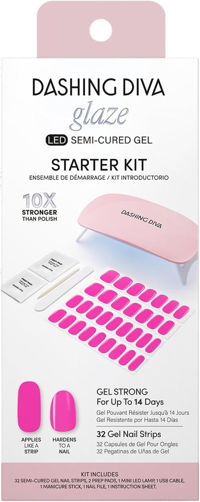 Dashing Diva Glaze Nail Starter Kit - Magenta Madness - Long Lasting, Chip Resistant, Semi-Cured Gel Nail Strips - 7-Pie