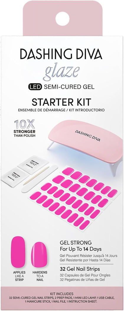 Dashing Diva Glaze Nail Starter Kit - Magenta Madness - Long Lasting, Chip Resistant, Semi-Cured Gel Nail Strips - 7-Piece Manicure Set with 32 Strips and Mini LED Lamp