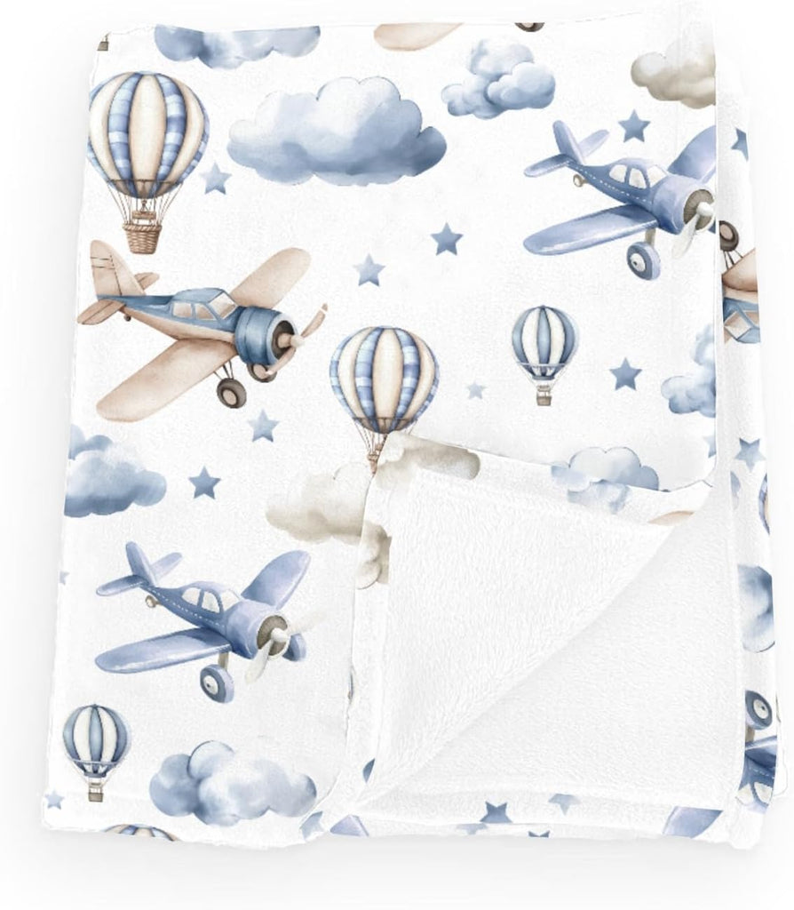 Wicbfdfv Cute Plane Hot Air Balloon Baby Blankets for Boy Girl Blue Airplanes Moon Stars Flannel Fleece Blanket for Kids