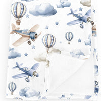 Wicbfdfv Cute Plane Hot Air Balloon Baby Blankets for Boy Girl Blue Airplanes Moon Stars Flannel Fleece Blanket for Kids