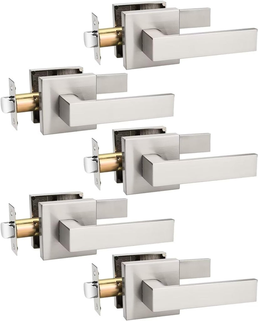 Tinewa 5 Pack Brushed Nickel Passage Door Levers Interior Door Handles, Heavy Duty Closet Hallway Door Handle Sets