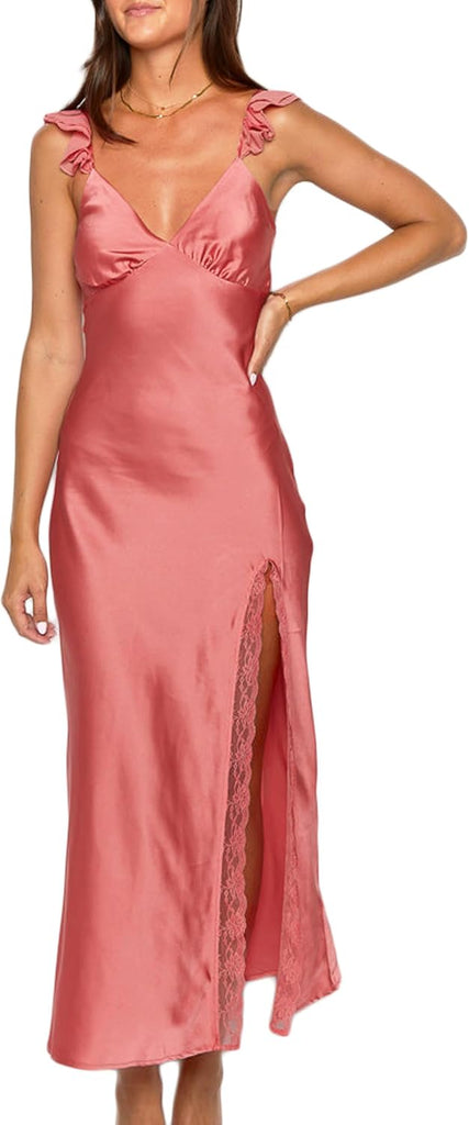 KOUNAI Women's Satin Summer Lace Slit Formal Midi Dress for Wedding Guest