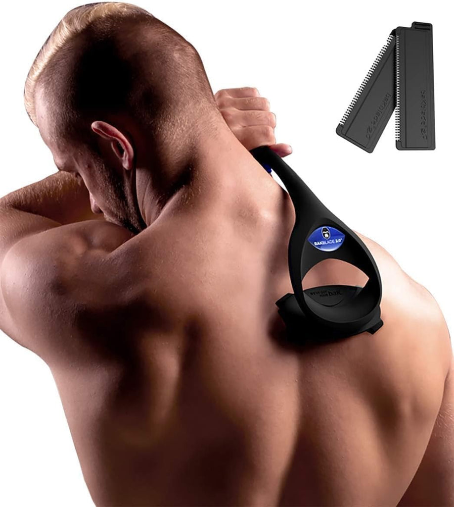 BAKblade 2.0 Plus – Depilador de espalda para Hombres – 2 cuchillas adicionales incluidas – fácil de usar, mango curvo para un afeitado sin dolor, afeitado mojado o seco