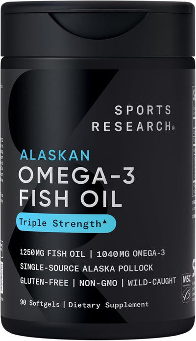 Sports Research® Omega-3 Aceite de Pescado 1250 - Suplemento de Aceite de Pescado de Triple Fuerza de Pollock Salvaje de Alaska - Certificado MSC Sostenible · Sin GMO · Sin Soja - 90 Cápsulas de Gel