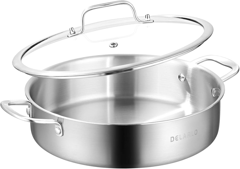 DELARLO 8QT Tri-Ply Stainless Steel Saute Pan With Lid, Jumbo Cooker 13 Inch Deep Frying Pan, Induction Large Skillet, C