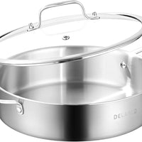 DELARLO 8QT Tri-Ply Stainless Steel Saute Pan With Lid, Jumbo Cooker 13 Inch Deep Frying Pan, Induction Large Skillet, C