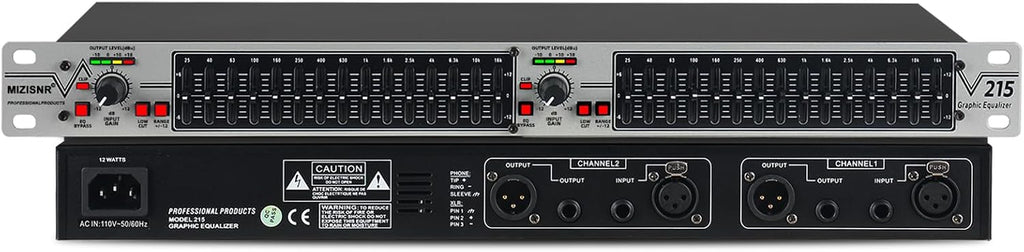 MIZISNR Graphic Equalizer 15-Band Stereo EQ for Home Audio, Dual Channel Professional Silver DJ Equalizer, Noise Reducti