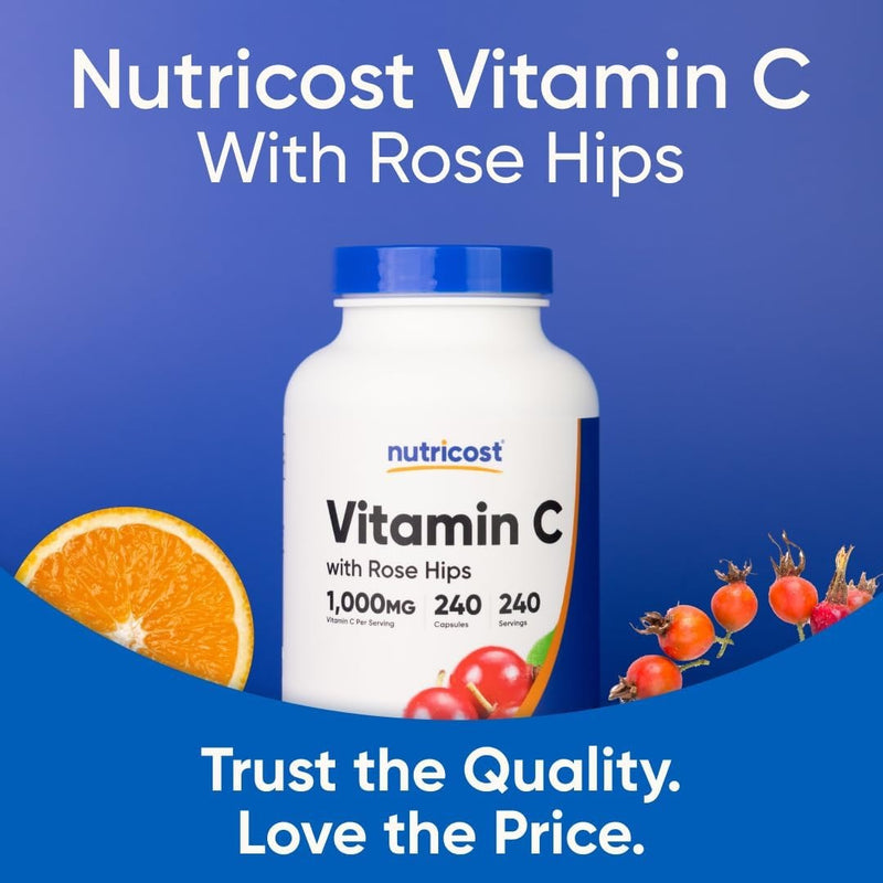 Nutricost Vitamina C con escaramujos, 1025 mg, 240 cápsulas, vitamina C 1,000 mg, rosa cadera, 25 mg, premium, sin OMG, suplemento sin gluten